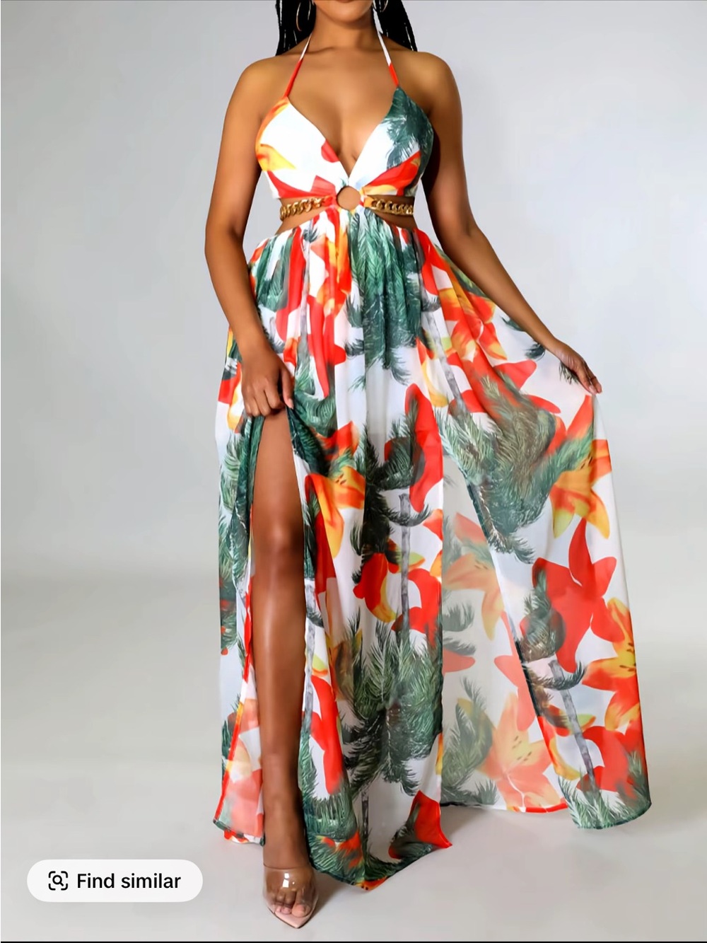 Tropical Halter Maxi Dress with Side Slit - White/Green/Red